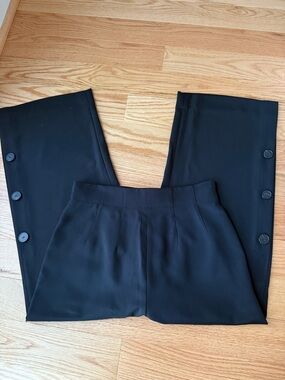 Lafayette 148 Silk Crop Wide Leg Pant Black Side Button Detail Tailored Size 00